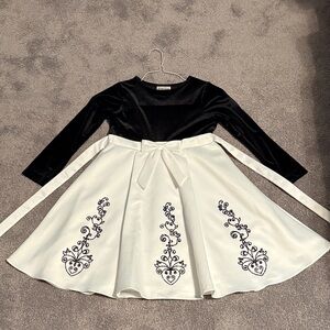 Elegant Black and White Dress with Floral Embroidery- Girls